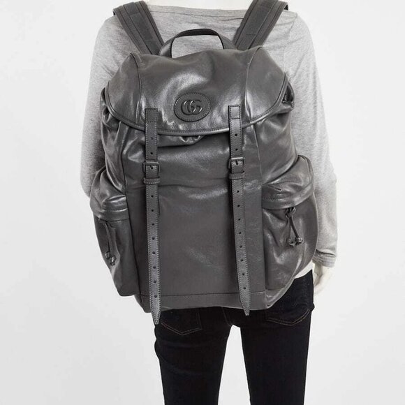 Gucci Grey Leather Tonal Double G Backpack Bag - Picture 2 of 12